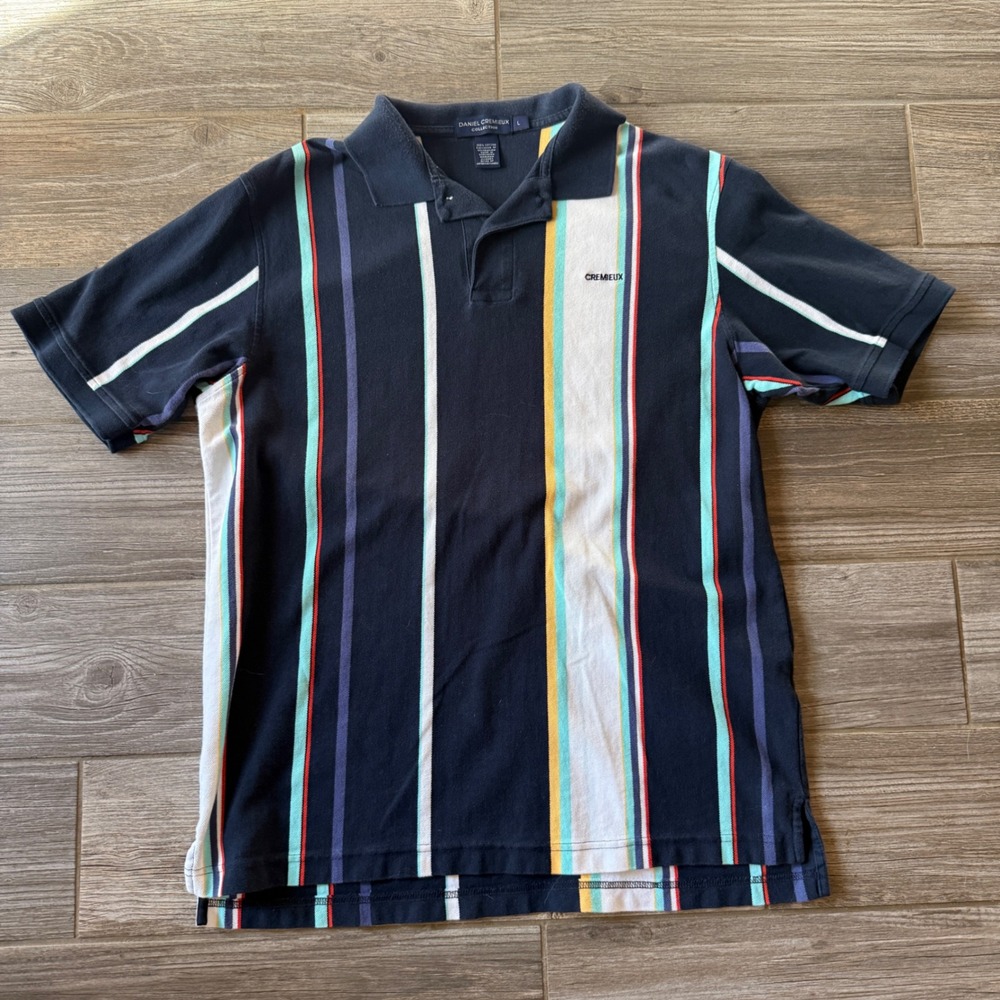 Daniel Cremieux Mens L Navy Blue Striped Short Sleeve Polo‎ Shirt Collar Casual